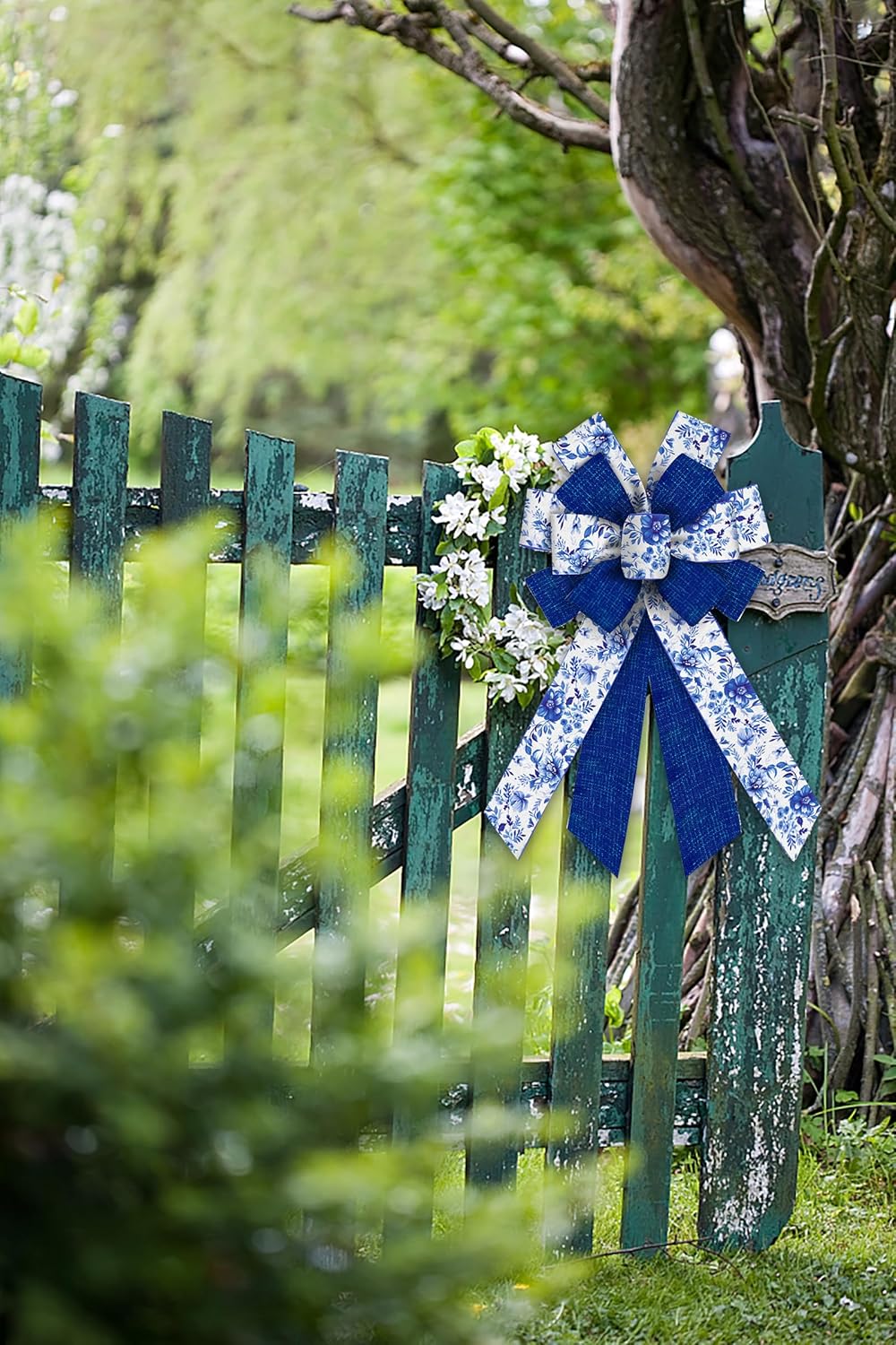Skiennix Large Blue Spring Bows - Linen Flowers Burlap Ribbon for Wreaths & Decorations