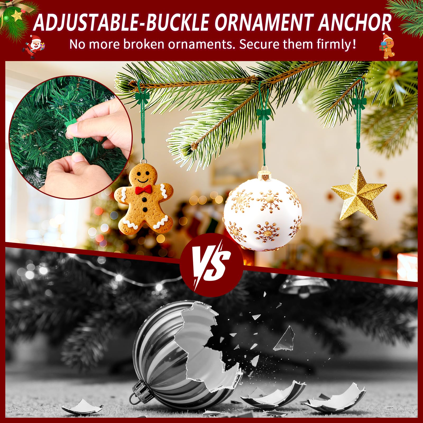 36 Pcs Adjustable Christmas Ornament Hooks, No-Slip Cat Child Proof Ornament Hangers String for Hanging Christmas Tree Decorations, Strong Accessorie for Small & Large Ornaments(Shiny Green)