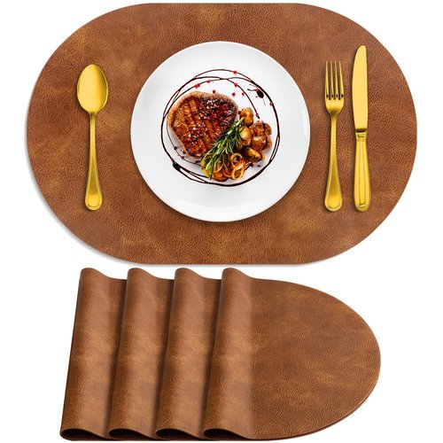 ADRIMER Placemats, Heat Resistant Oval Placemats Set of 4 Washable 12 x 17 Inch, Waterproof Table Mats, Wipeable Pu Place Mats for Kitchen, Dining Room, Turmeric Brown