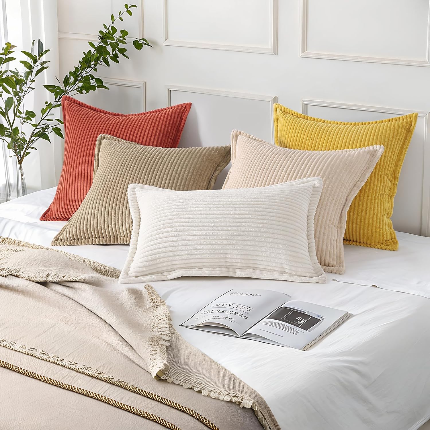 Mecatny Corduroy Throw Pillow Covers - Soft Boho Decorative Set of 2 | 18x18 Cream White