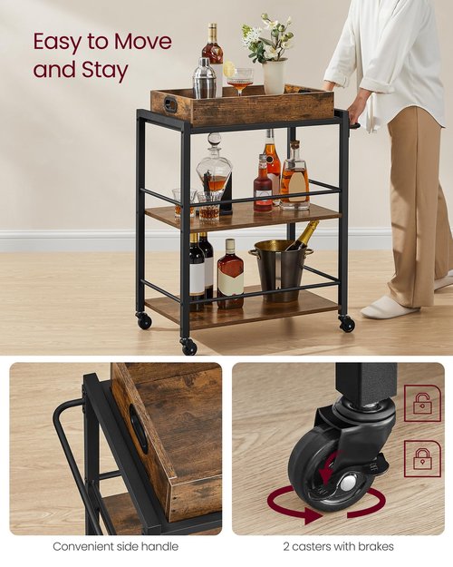VASAGLE Kitchen Serving Cart with Removable Tray, 3-Tier Kitchen Utility Cart on Wheels with Storage, with Brakes, Leveling Feet, 15.7 x 28.3 x 33.9 Inches, Rustic Brown and Black ULRC72X