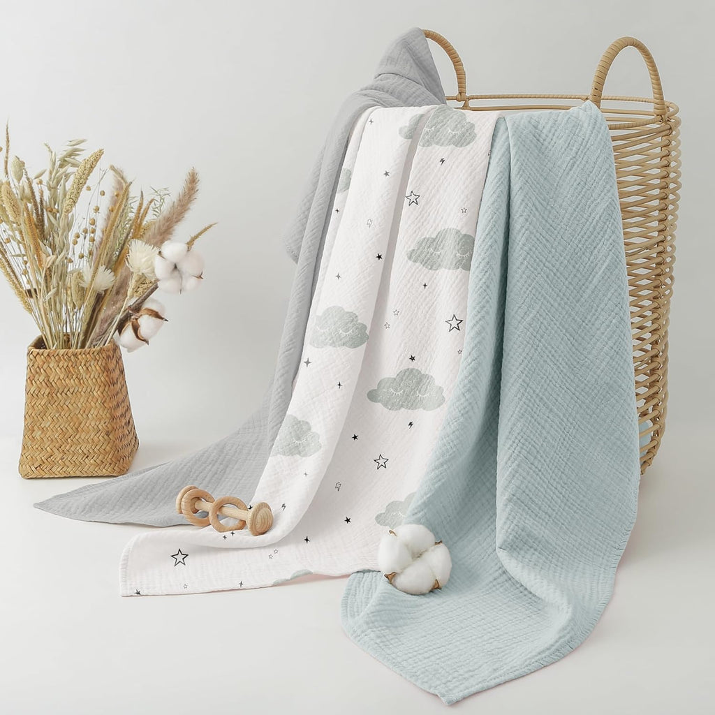 Bearmoss Muslin Swaddle Blankets - Soft & Breathable Baby Blankets | 40 x 38 Inches, 3 Pack (Cloud)
