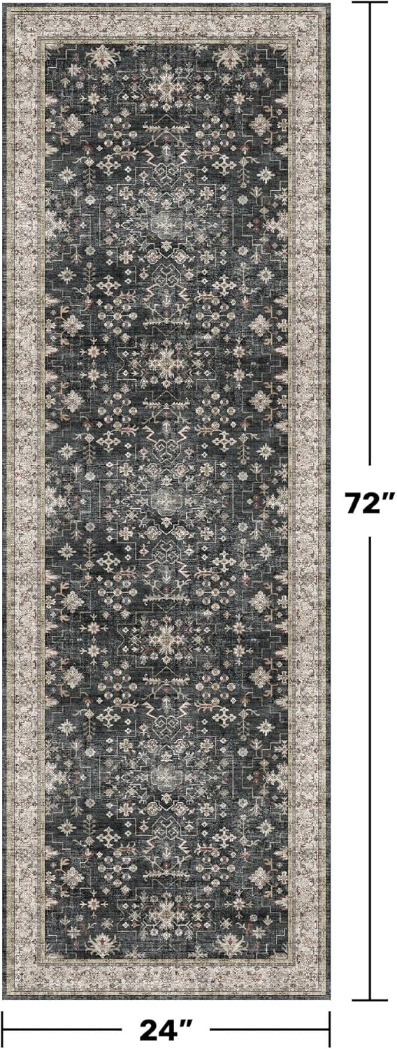 Skiennix Black Boho Runner Rug - Washable, Non-Slip, Stain Resistant | 2x6 ft for Hallway & Kitchen