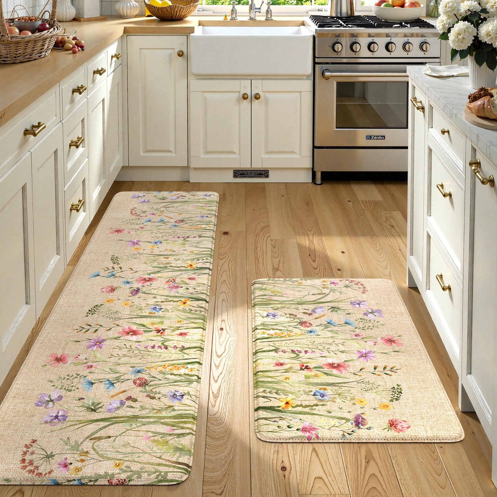 KIMODE Kitchen Anti Fatigue Mats, Farmhouse Flower Kitchen Rugs Sets of 2, Memory Foam Kitchen Mats for Floor, Waterproof Non Skid Standing Mats for Sink Laundry Office Desk Brown 20"x71"+20"x32"