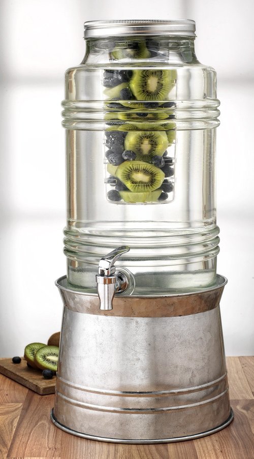 Circleware Breeze Glass Beverage Drink Dispenser with Stand Metal Base which Transforms to Metal Ice Bucket and Metal Lid + Fruit Infuser + Chrome Finished Spigot, HUGE 2.3 Gallons