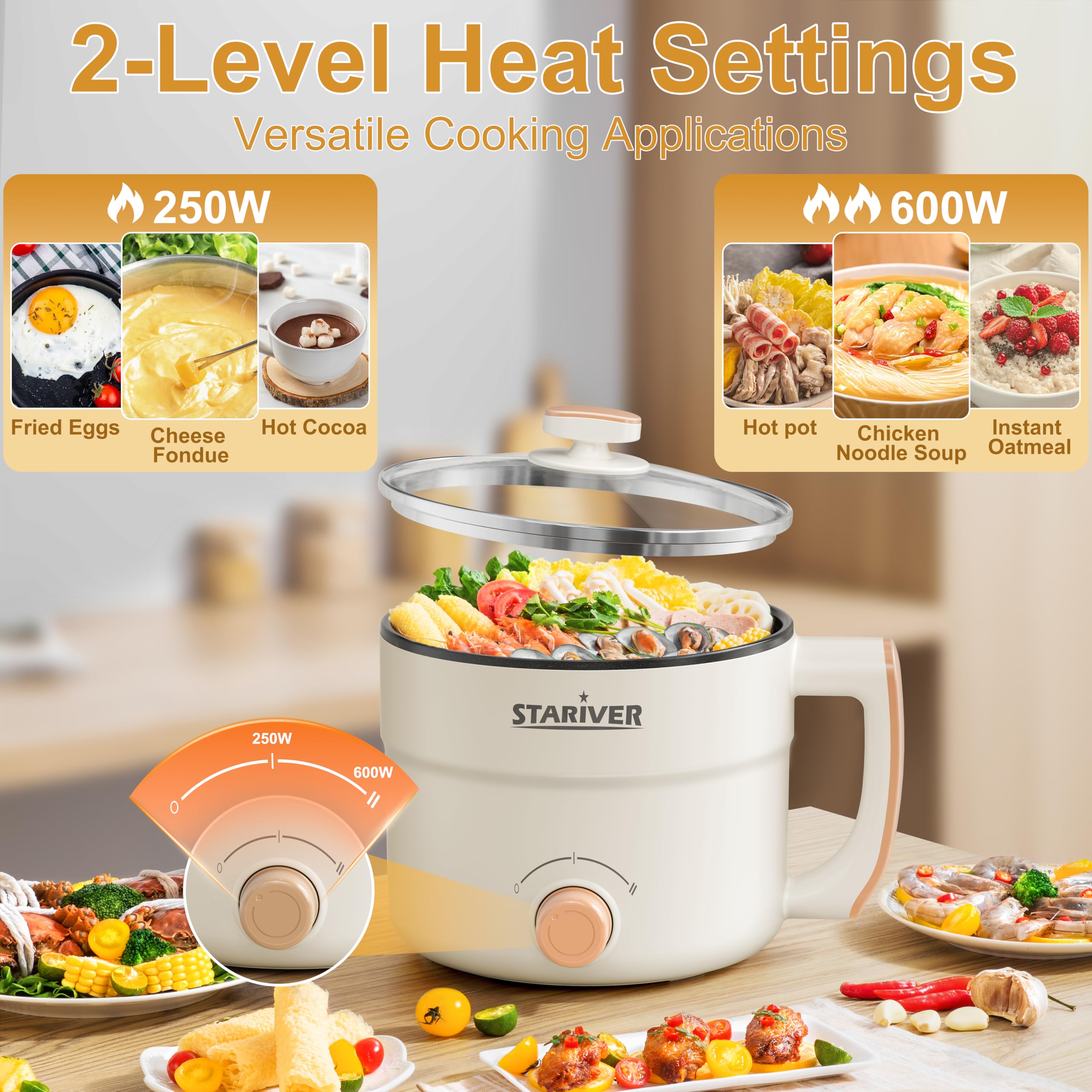 Stariver 1.5L Electric Hot Pot - Mini Portable Electric Pot, Non-Stick Noodle Cooker for Ramen, Soup, Pasta, Egg, Oatmeal - Overheat & Boil-Dry Protection - Ideal for Dorm, Office, Travel Gift