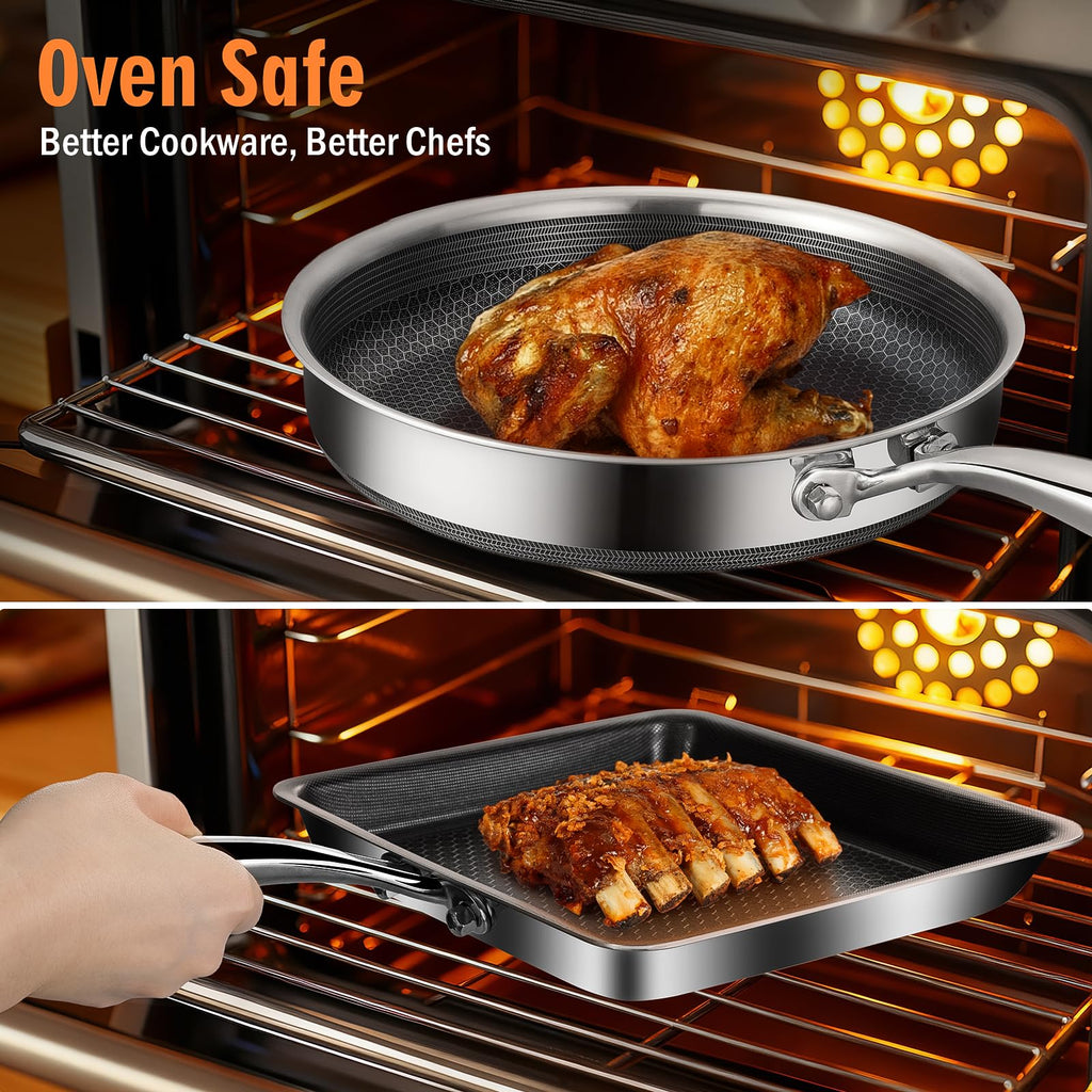 AOSION Nonstick Frying Pans Set,Hybrid Skillets Set with Lid(8+10+9+12inch), Hybrid Stainless Steel Frying Pans Set of 3 for Cooking,PFAS/PFOA Free Cookware Sets,Induction Compatible.