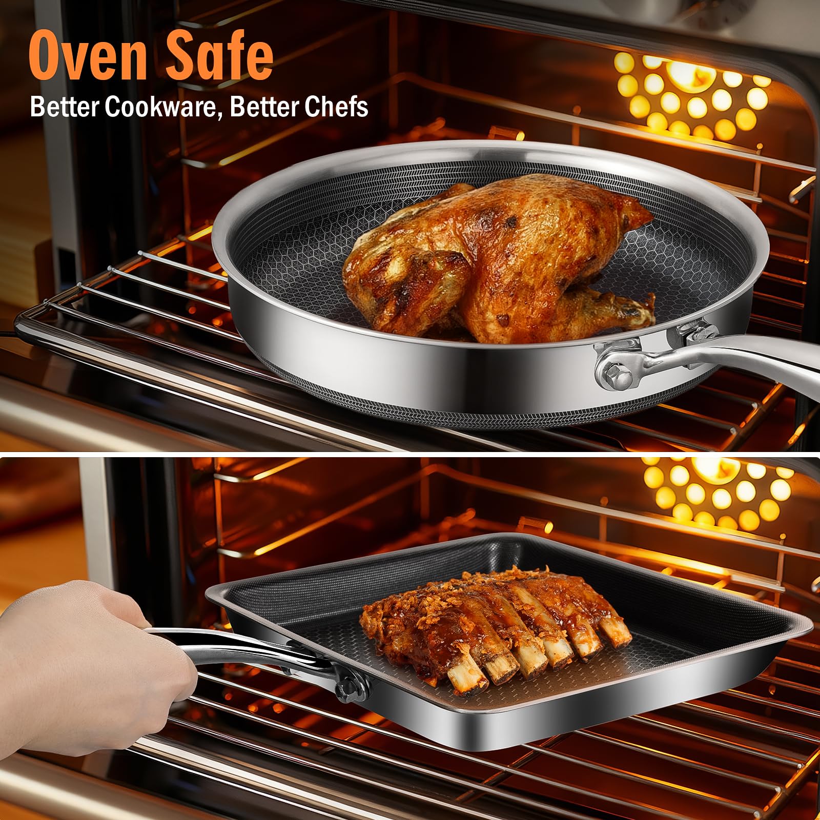 AOSION Nonstick Frying Pans Set,Hybrid Skillets Set with Lid(8+10+9+12inch), Hybrid Stainless Steel Frying Pans Set of 3 for Cooking,PFAS/PFOA Free Cookware Sets,Induction Compatible.