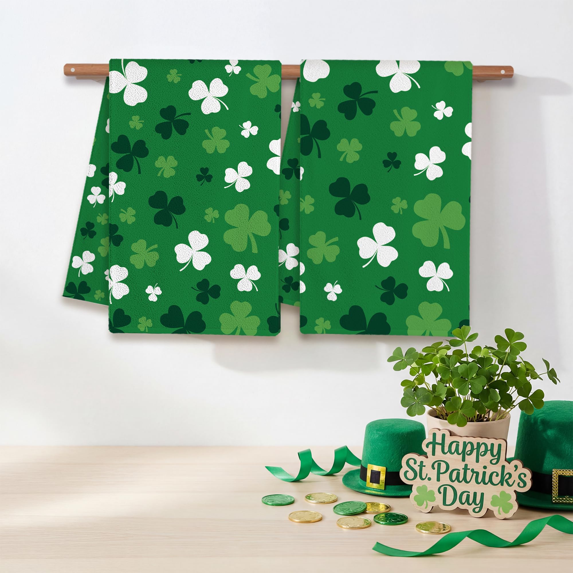 FUTBU St. Patrick's Kitchen Towels, Green Clover Shamrock Dish Towels Set of 2 for Bathroom Decorations, 18x26 Inch Farmhouse Holiday Spring Decoration