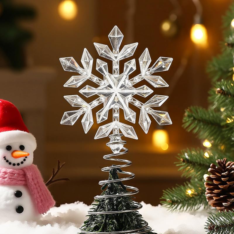 Mini Snowflake Tree Topper - White Shiny Crystal with Spring Base (Variation: White+Shiny)
