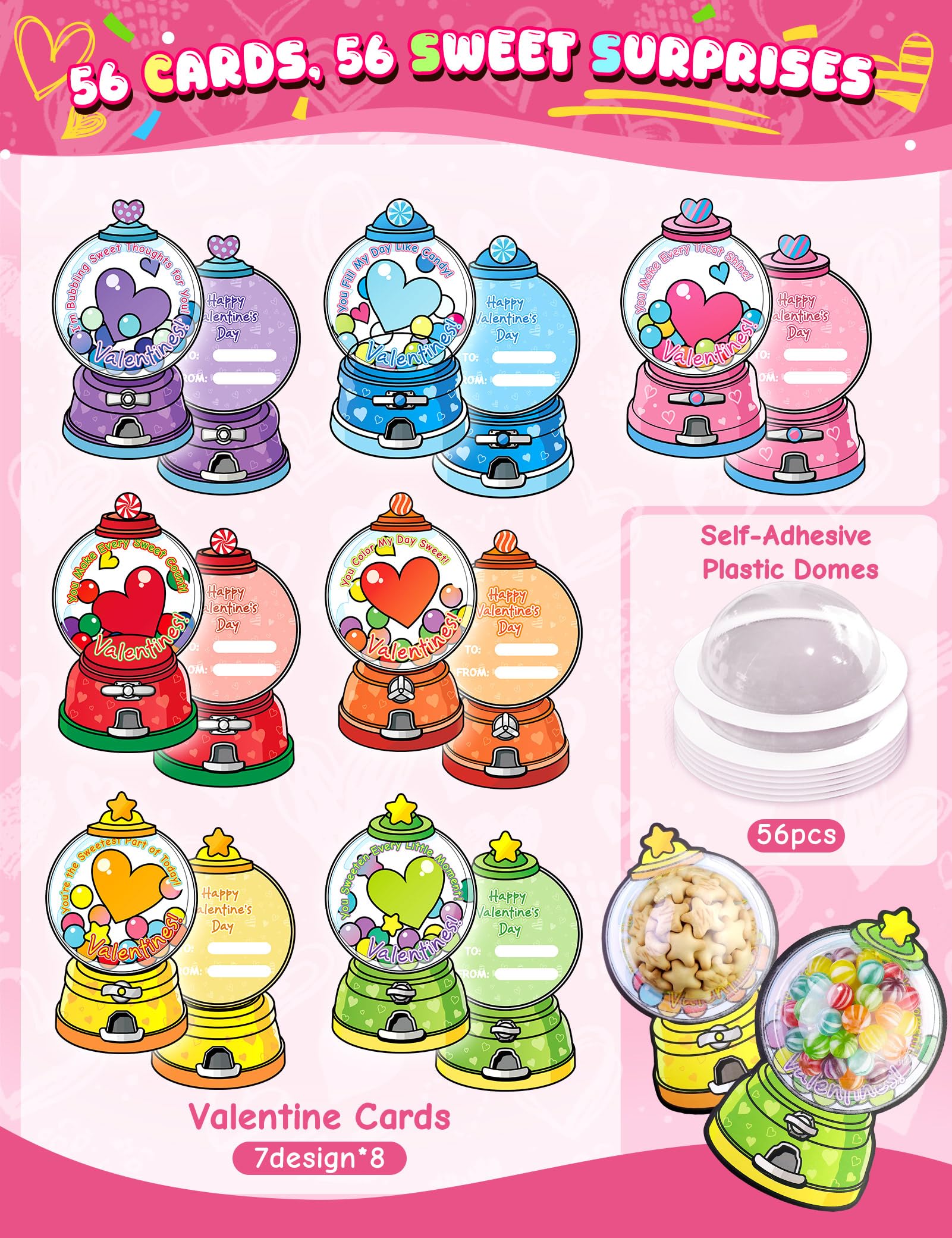 56 PCS Gumball Machine Valentines Candy Card Set, DIY Valentine Cards with Plastic Domes, Valentines for Kids Party Favor, Valentine School Classroom Exchange Prizes for Girls Boys（No Snacks Inside）