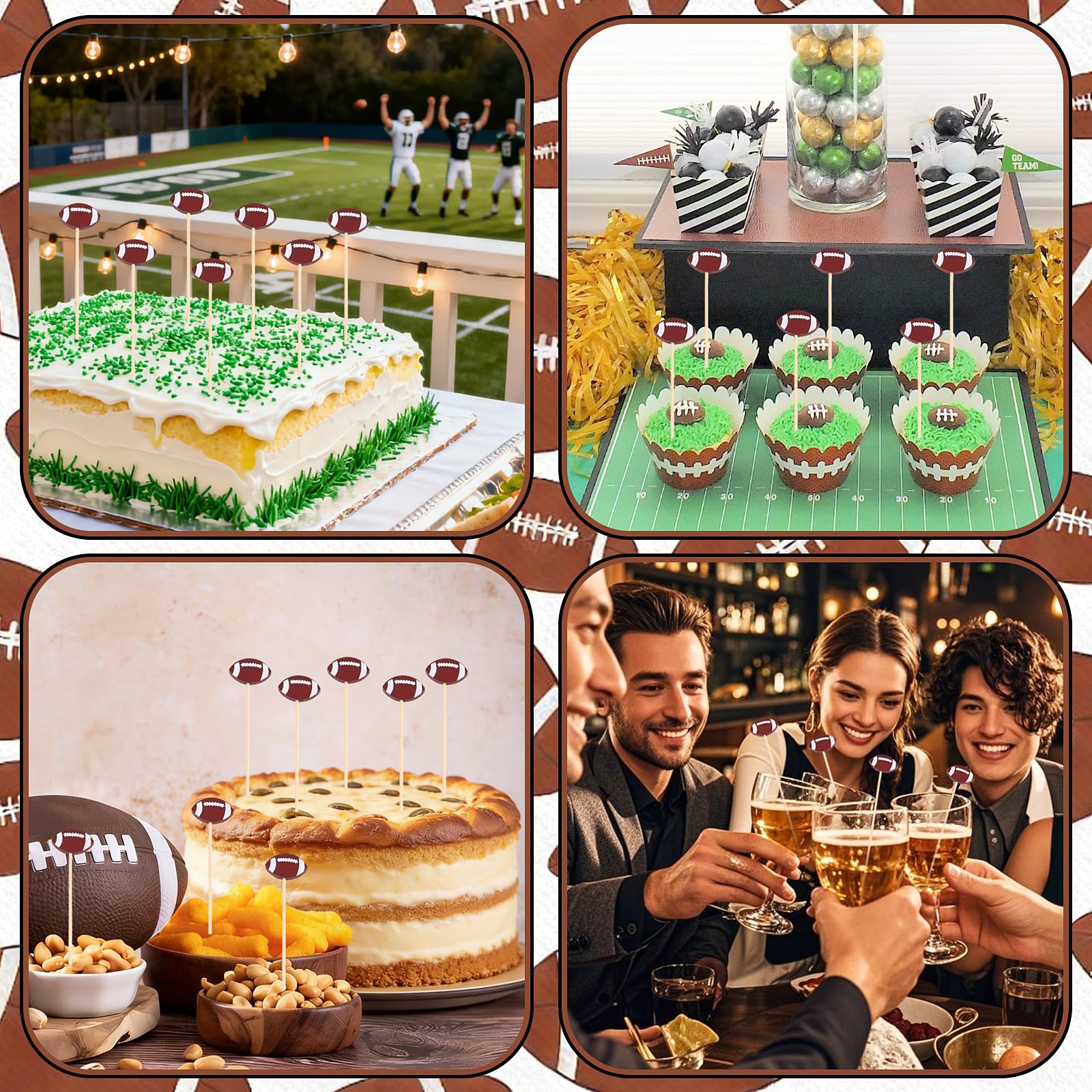 FOIMAS 120pcs Football Cocktail Picks,Football Cocktail Picks for Appetizers Fruit Food Cake Skewers Holiday Birthday Rugby Ball Themed Party Decorations