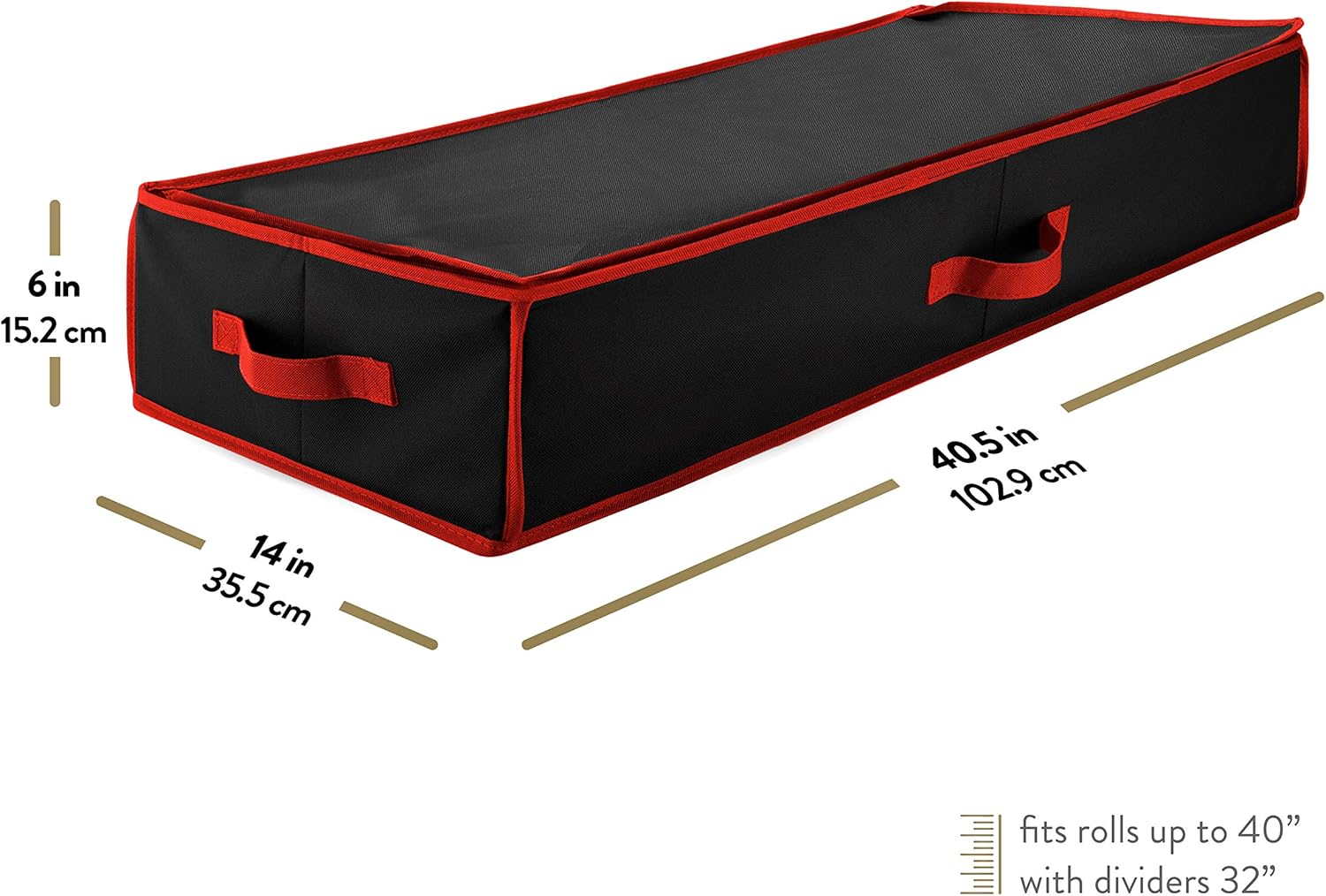 ZOBER Gift Wrapping Paper Organizer - 40" Storage for 24 Rolls with Pockets for Bows & Ribbons | Black/Red 600D Oxford
