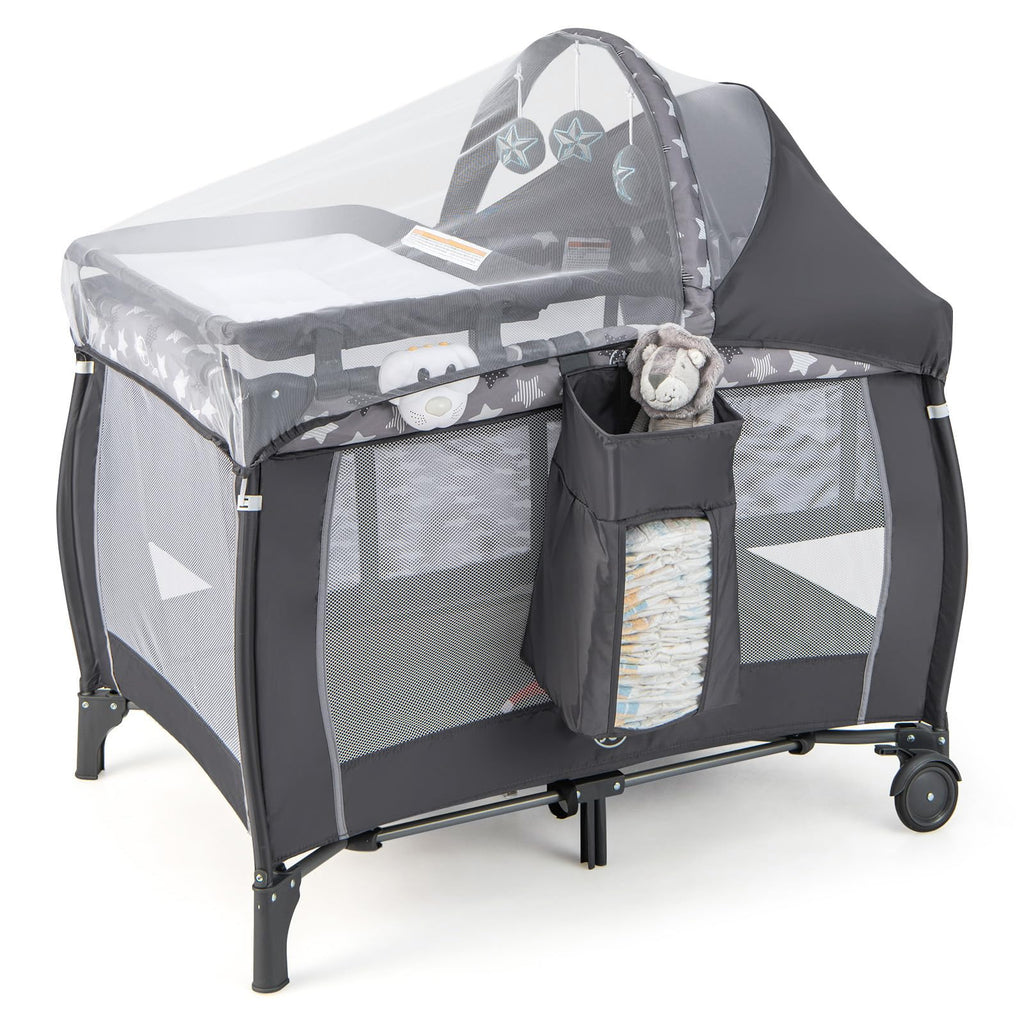 BABY JOY 4 in 1 Pack and Play, Portable Baby Playard with Bassinet, Adjustable Canopy, Changing Table, Lockable Wheels, Glowing Music Box, Travel Baby Crib Bassinet Bed from Newborn to Toddler