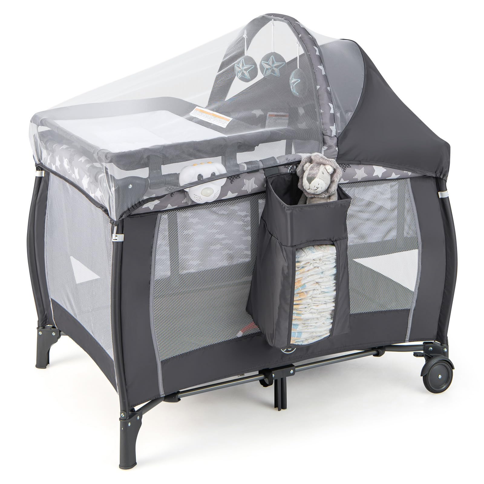 BABY JOY 4 in 1 Pack and Play, Portable Baby Playard with Bassinet, Adjustable Canopy, Changing Table, Lockable Wheels, Glowing Music Box, Travel Baby Crib Bassinet Bed from Newborn to Toddler