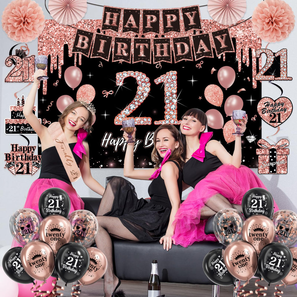 21st Birthday Decorations for Her,50Pcs PRE-STRUNG Rose Gold Black Party Set-21 Years Old Crown and Sash,Banner,Hanging Swirl,Backdrop Decor,CakeTopper,Age Candle, Balloons,Paper Fans,PRE-ASSEMBLED