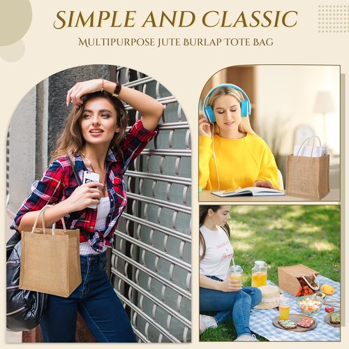 Cunno 24 Pcs Burlap Tote Bag Mini Jute Reusable Waterproof Bag with Handles Small Blank Canvas for Wedding Beach DIY Gift (Classic,8.27 x 9.06 x 5.91)