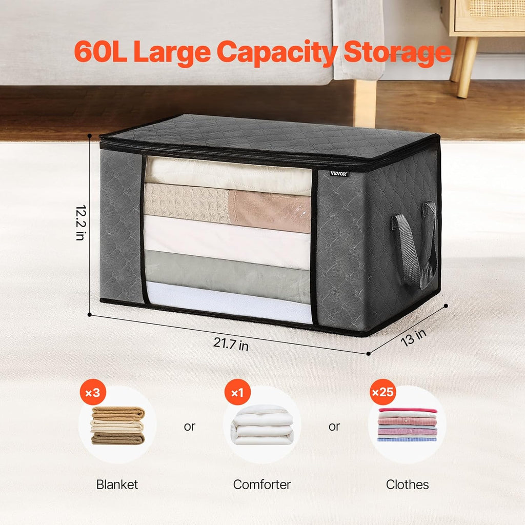 VEVOR 60L Large Storage Bags - 6 Pack Foldable Closet Organizers with Handles | Grey Non-Woven Fabric for Clothes & Blankets