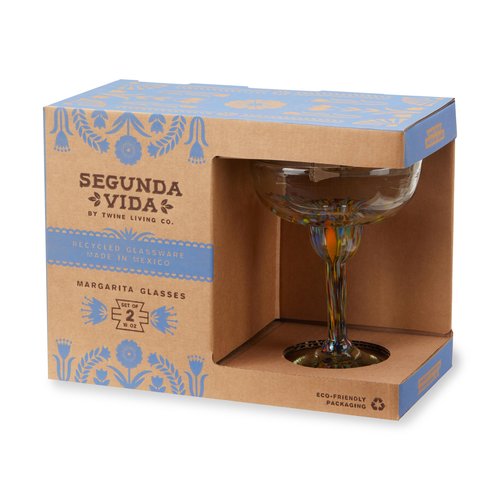 Twine Segunda Vida Artistico Margarita Bar Glasses, Mexican Margarita Glasses Margarita Set Home Cocktail Bar Gifts, 100% Recycled Glass, Multicolor 10oz Set of 2