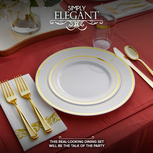 700 Piece Dinnerware Set for 100 Guests: 200 Gold-Rim Plates, 100 Silverware Sets, 100 Cups, 100 Napkins – Bulk Disposable Party Supplies for Weddings and Events