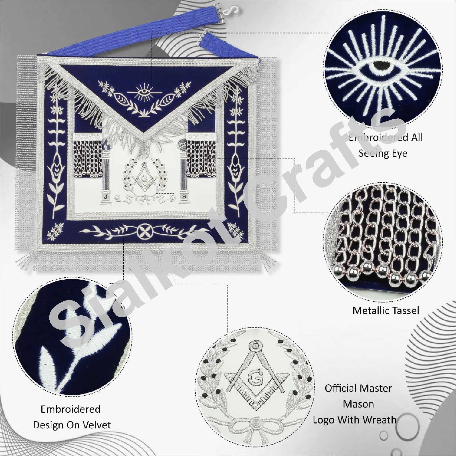 Masonic Master Mason Lambskin Apron - Navy Blue Velvet Borders with Gold Bullion Thread Fringe - Embroidered J & B Pillars and Square & Compass Logo