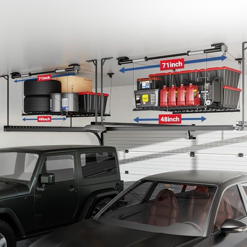 FLEXIMOUNTS GL1 Overhead Garage Storage Rack - Heavy-Duty 4x4 Ft Metal Ceiling Organizer, 350lbs Capacity, Black