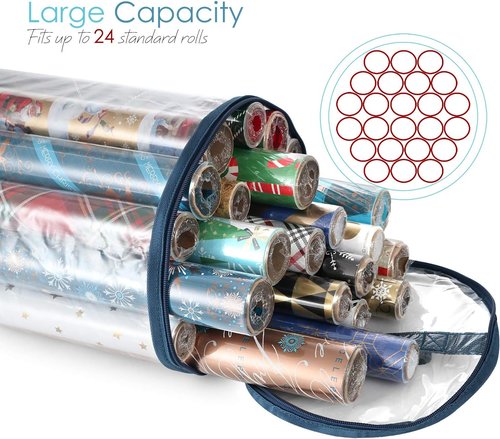 Hearth & Harbor Wrapping Paper Storage Container - Tear-Proof Christmas Bag for 36 Rolls - Blue