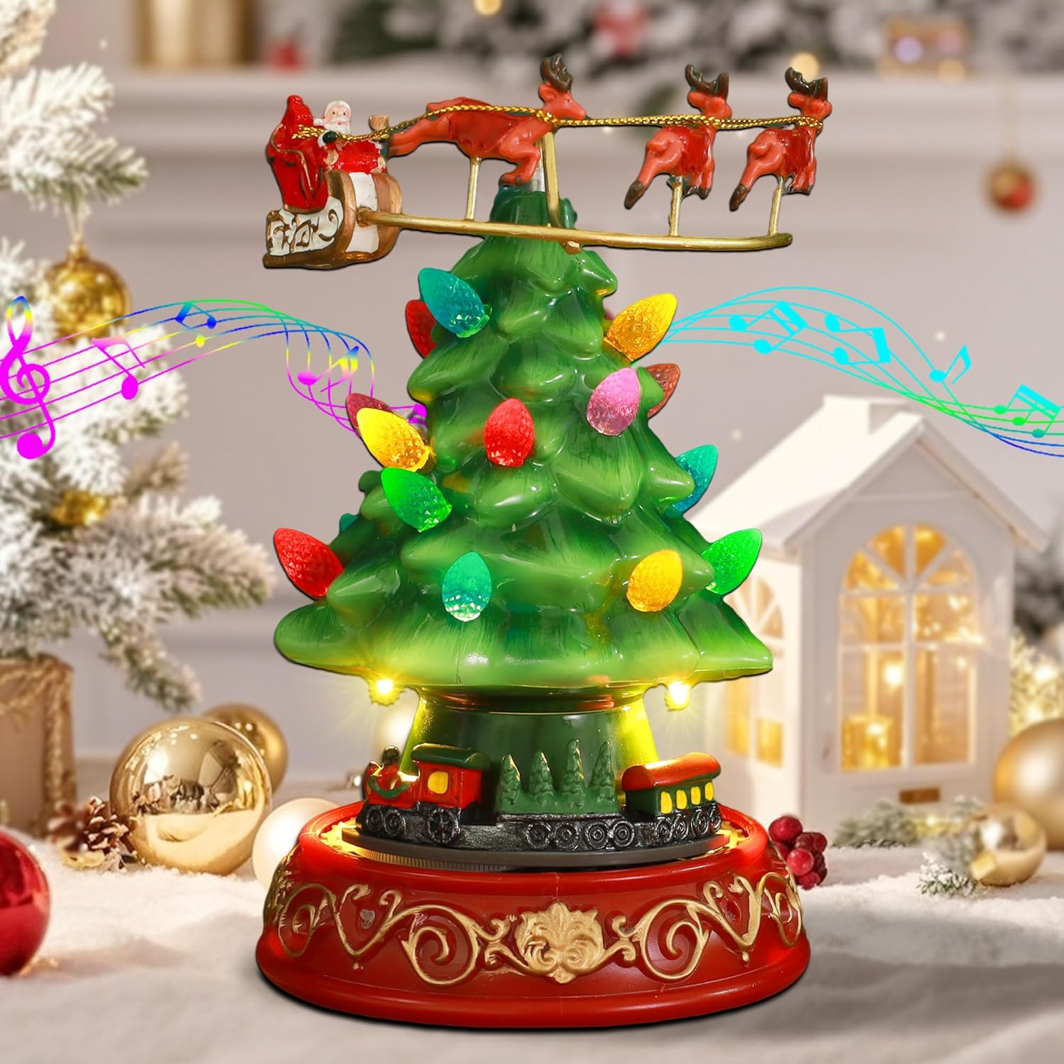 Musical Christmas Tree Decor - Rotating Train & Santa Elk Figurines with LED Lights | Festive Home Tabletop Decoration