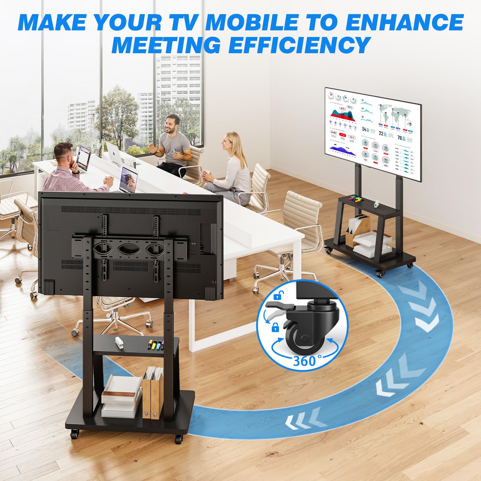 Rfiver Mobile TV Cart Rolling TV Stand for 37-75 inch TVs Up to 150lbs, Heavy-Duty Portable TV Stand on Wheels with 2-Tier Wooden Storage Shelves, Height Adjustable, Max VESA 600x400mm, Black