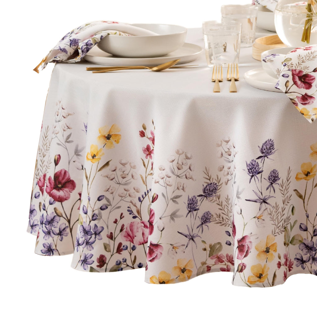 Elrene Home Fashions Poppy Wildflower Botanical Border Fabric Tablecloth, Round, 70 inches X 70 inches