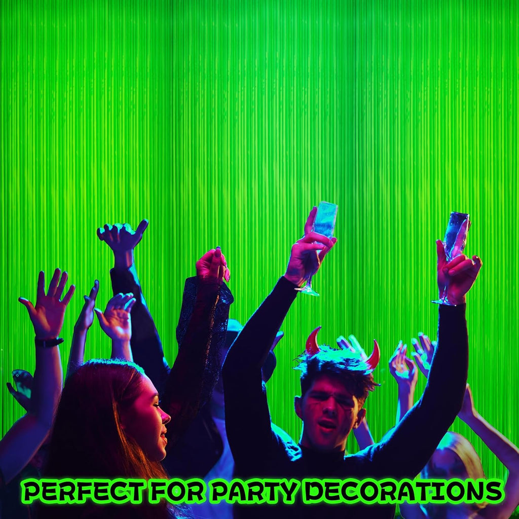 Skiennix Glow In The Dark Curtains - 4 Pack Tinsel Foil Fringe Backdrop for Neon Party Decor | 6.6 x 3.3 Ft