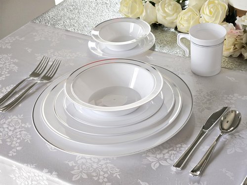 " OCCASIONS " 40 Piece Chargers pack Wedding Party 12'' Disposable Plastic Charger Plates/Chargers (White & Silver Rim)