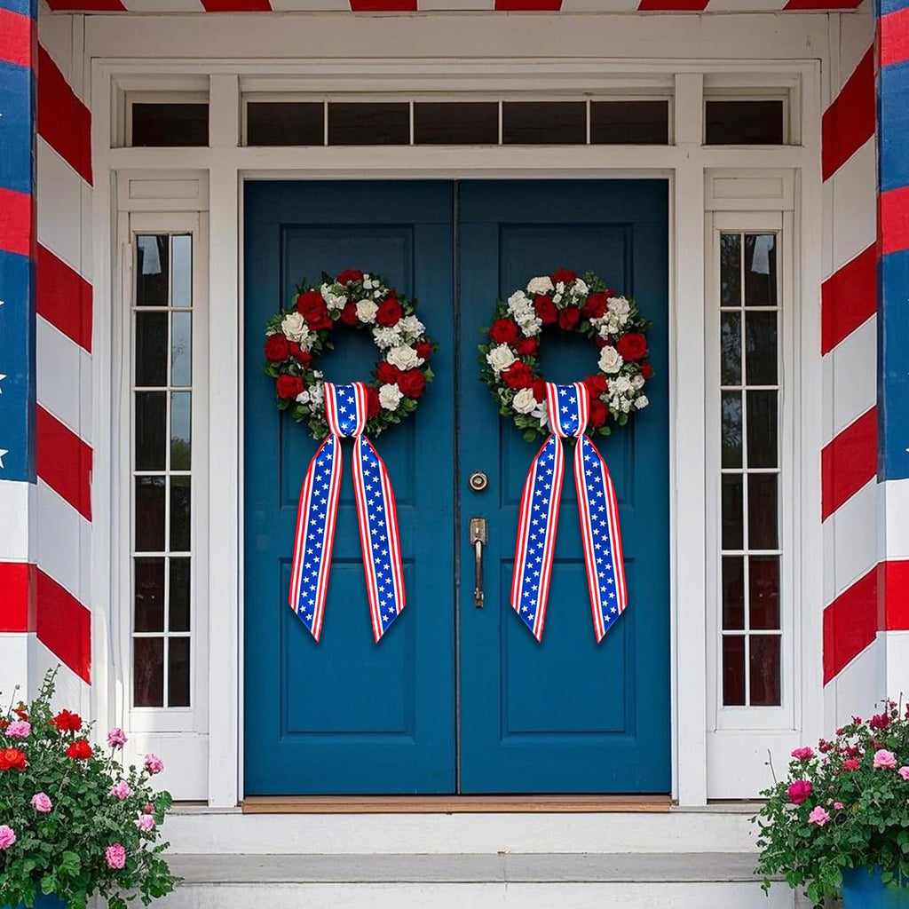 RunNico Patriotic Wreath Sash - 2 Pack Red, White & Blue 53" L x 3.4" W Satin Decor for 4th of July