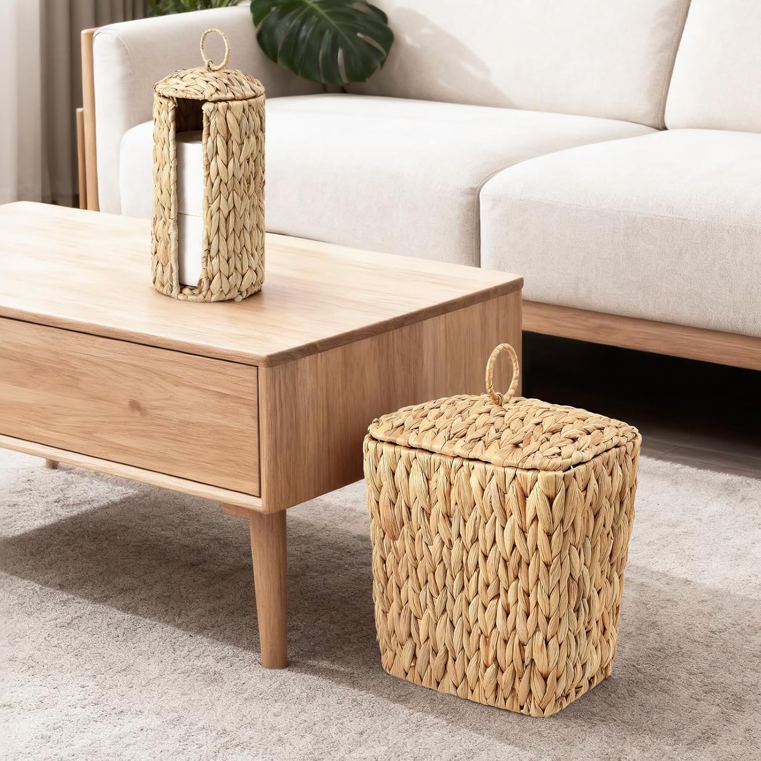 Skiennix Wicker Waste Basket - Handwoven Water Hyacinth Trash Can with Lid | Rustic Decorative 2.5 Gal for Home