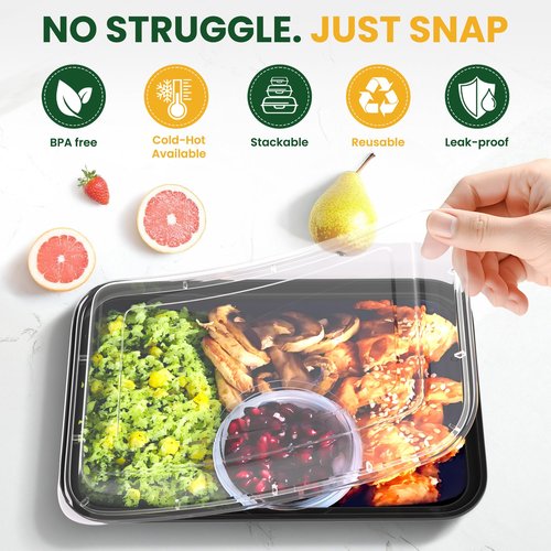 Geisoun 28oz Meal Prep Containers [50-Pack], Reusable Bento Box with Easy-Snap Leakproof Lids - Microwave, Dishwasher & Freezer Safe Food Storage, BPA-Free Plastic Lunch Containers (Black)