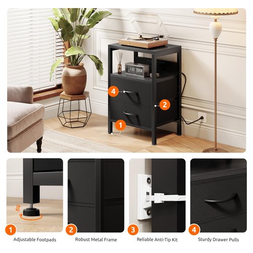 Lazzanto NightStand Bedside Charging Table Bedroom - Night Stand with Charger Station, Modern Nightstand with Open Shelf & 2 Fabric Drawers, Bed Side Table with USB-C Port for Dorm, Black