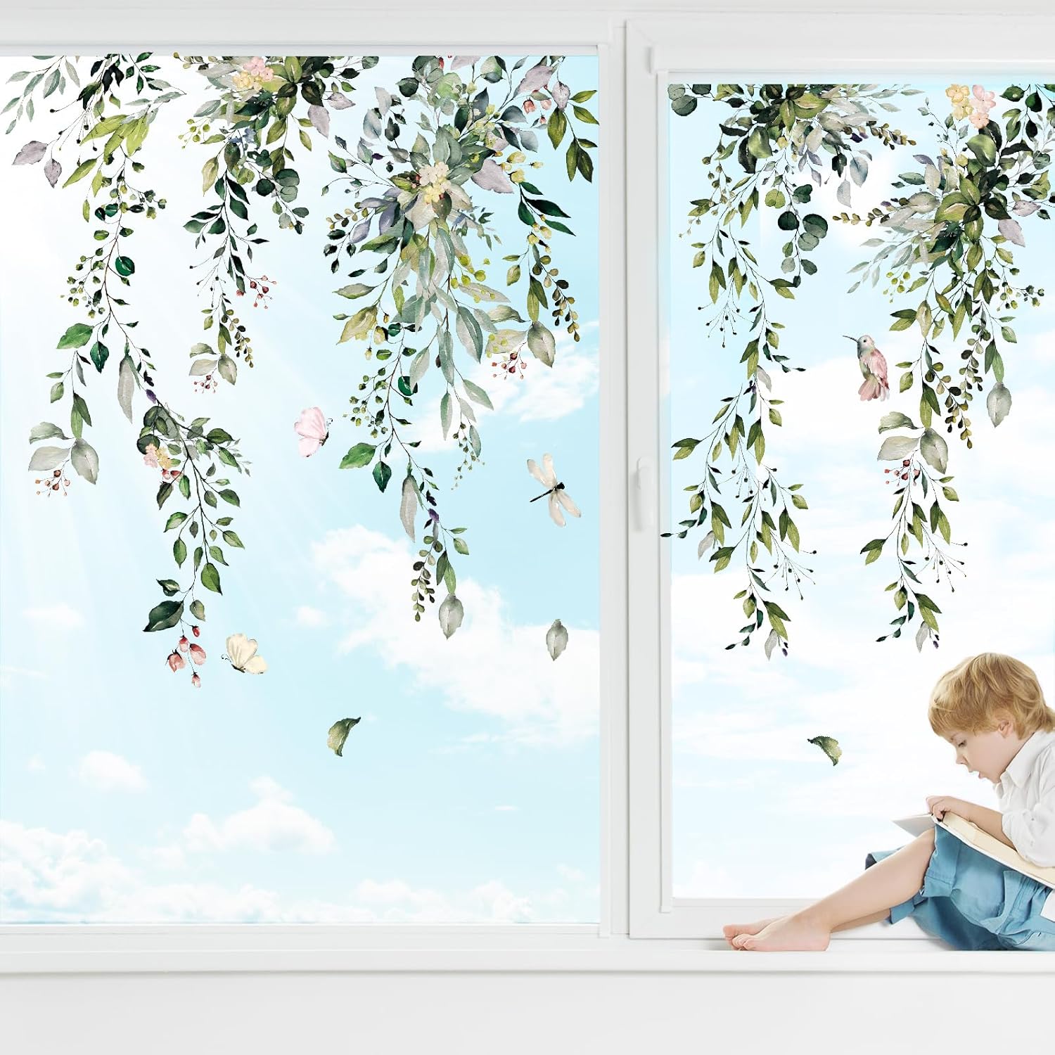 Whaline Window Cling Stickers - Reusable Eucalyptus Floral Decals for Home Decor | 9 Sheets