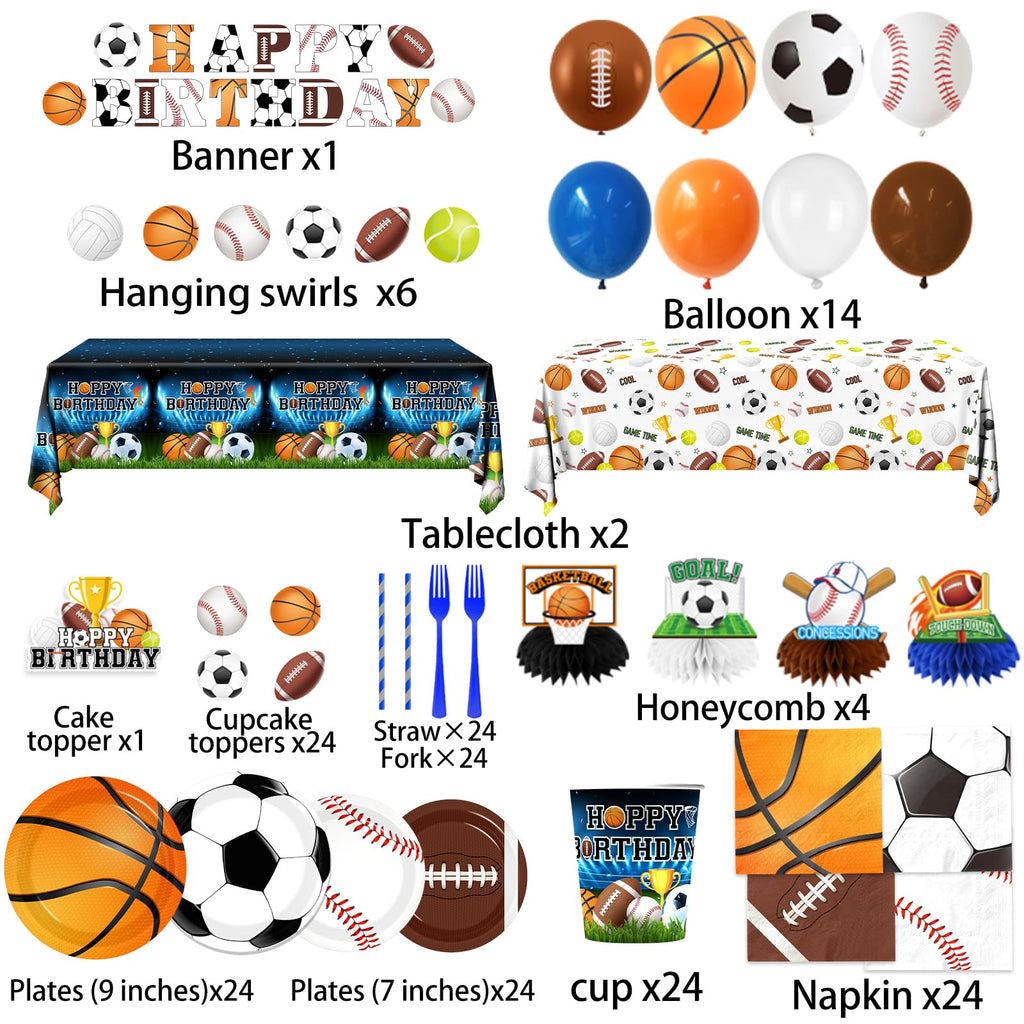 198Pcs Sports Birthday Decorations-Basketball Baseball Soccer Football Plates and Napkins Set Serves 24,Sports Theme Party Supplies