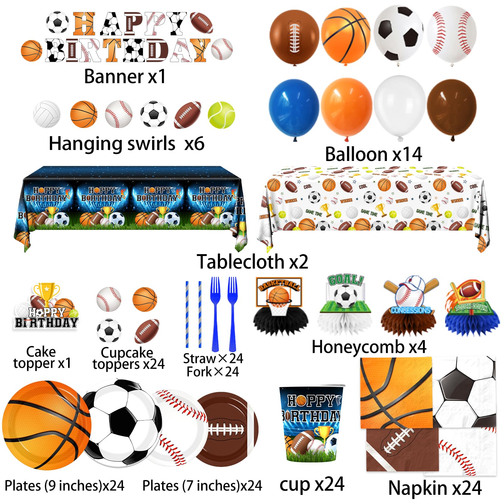 198Pcs Sports Birthday Decorations-Basketball Baseball Soccer Football Plates and Napkins Set Serves 24,Sports Theme Party Supplies