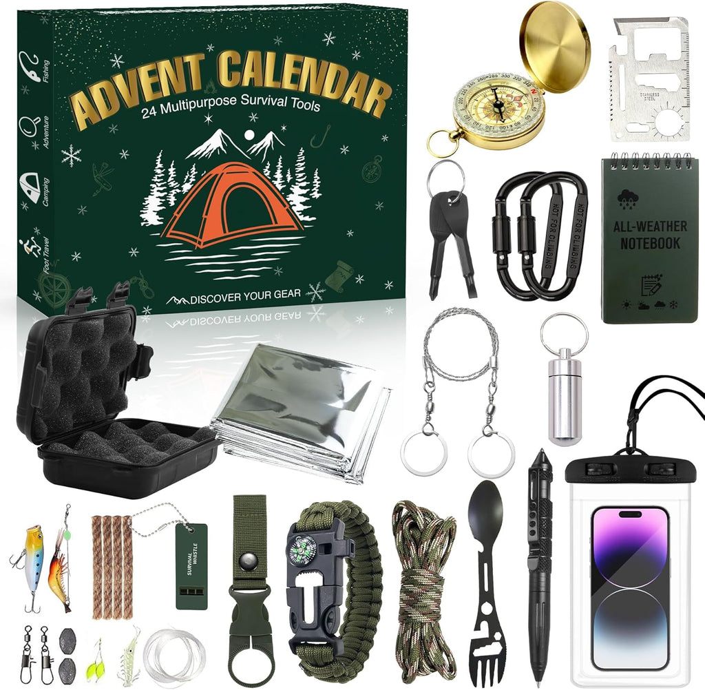 Survival Kit Advent Calendar 2025 - 24 Days of Essential Camping, Fishing & Hiking Tools | Perfect Xmas Gifts for Outdoor Enthusiasts
