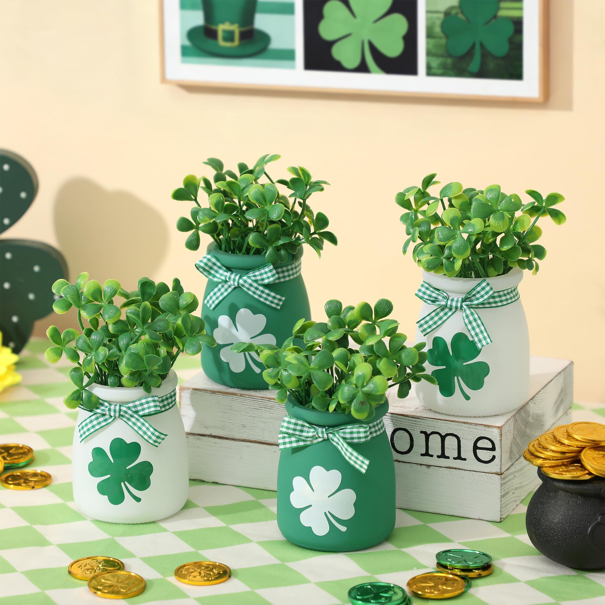 St Patricks Day Tiered Tray Decorations - 4 PCS Mini Mason Jars with Artificial Shamrock, Decorative Jars Centerpieces for Home Table Mantel St Patricks Party Supplies, Green Spring Decor