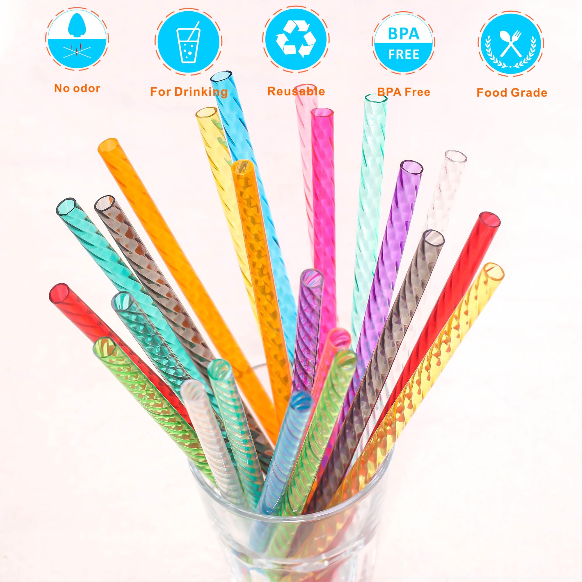 Dakoufish 24Pcs Replacement Plastic Swirl Straws for 12oz 14oz Mason Jar Tumblers,8 Inch Reusable Crystal Straws With 2 Cleaning Brush (8inch,mix12color)