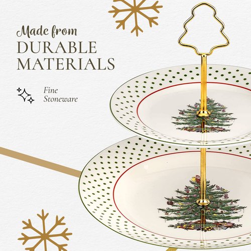 Spode Christmas Tree 2-Tiered Server (8" & 10") - Polka Dot Tiered Tray for Serving Food, Cake, Desserts, Holiday Treats, Festive Tableware with Gold Handle, Durable Stoneware - Dishwasher Safe