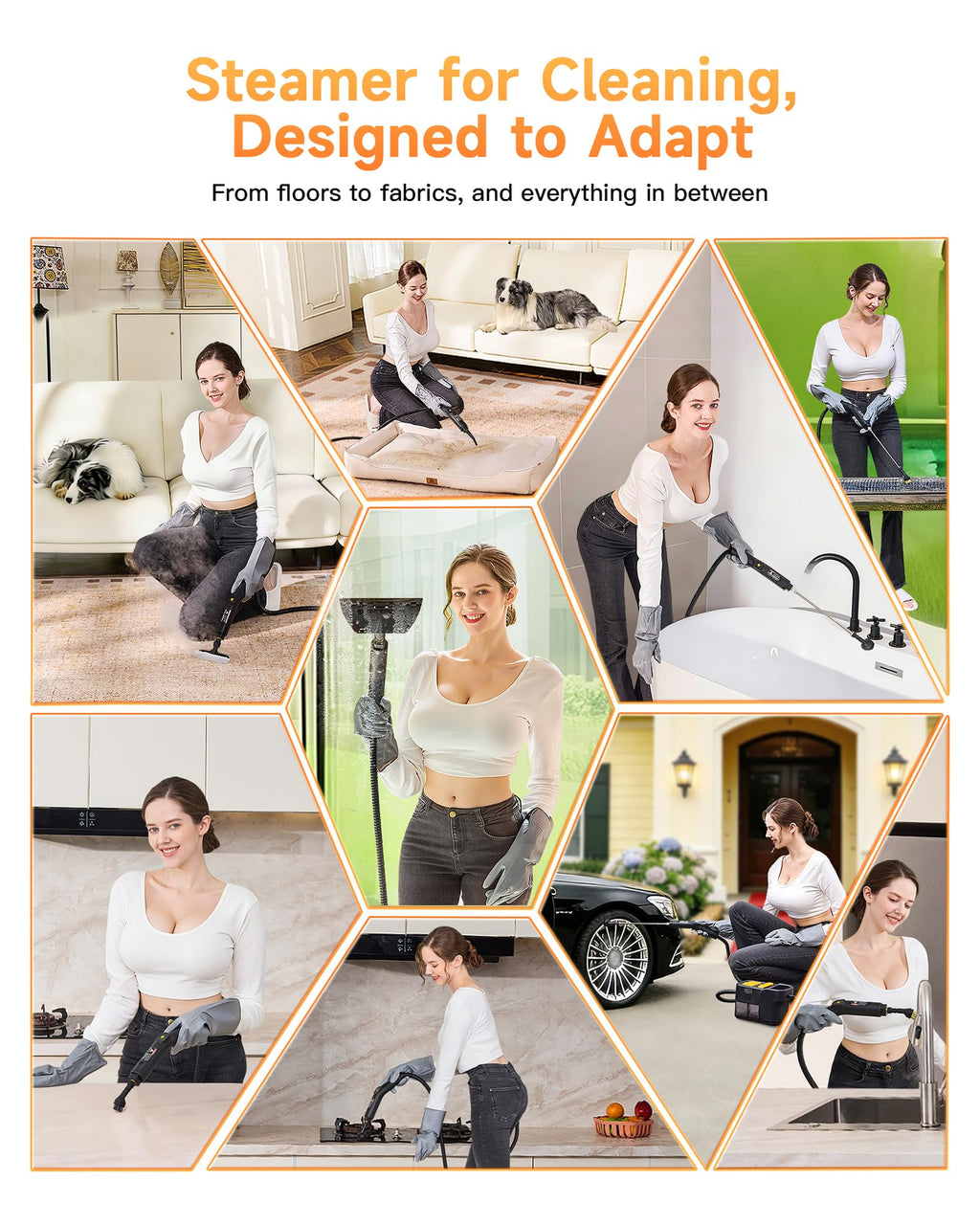Gautye Steam Cleaner, 3 Level Adjustable Handle, 10s Heat Up, 2.11 Quarts Tank, Handheld Steam Cleaner with 18 pcs Accessories, Steam Cleaner for Home for Floor, Dirt, Grease, Grout, Tile, Car