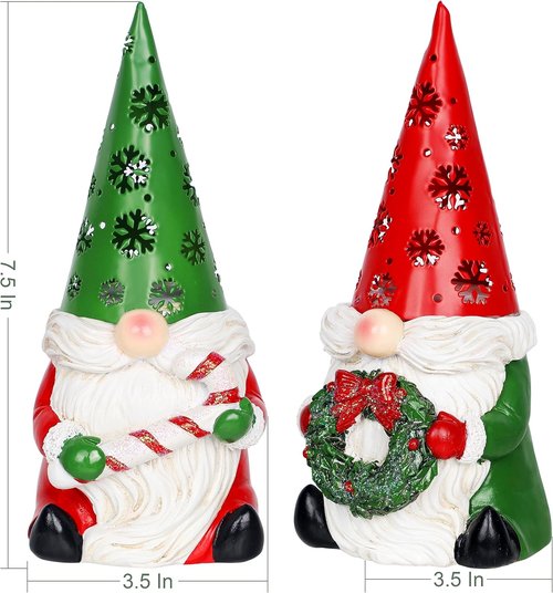 FORUP Christmas Gnome Decor - Set of 2 Lighted Resin Figurines with Wreath & Candy Cane | Indoor Table Decorations