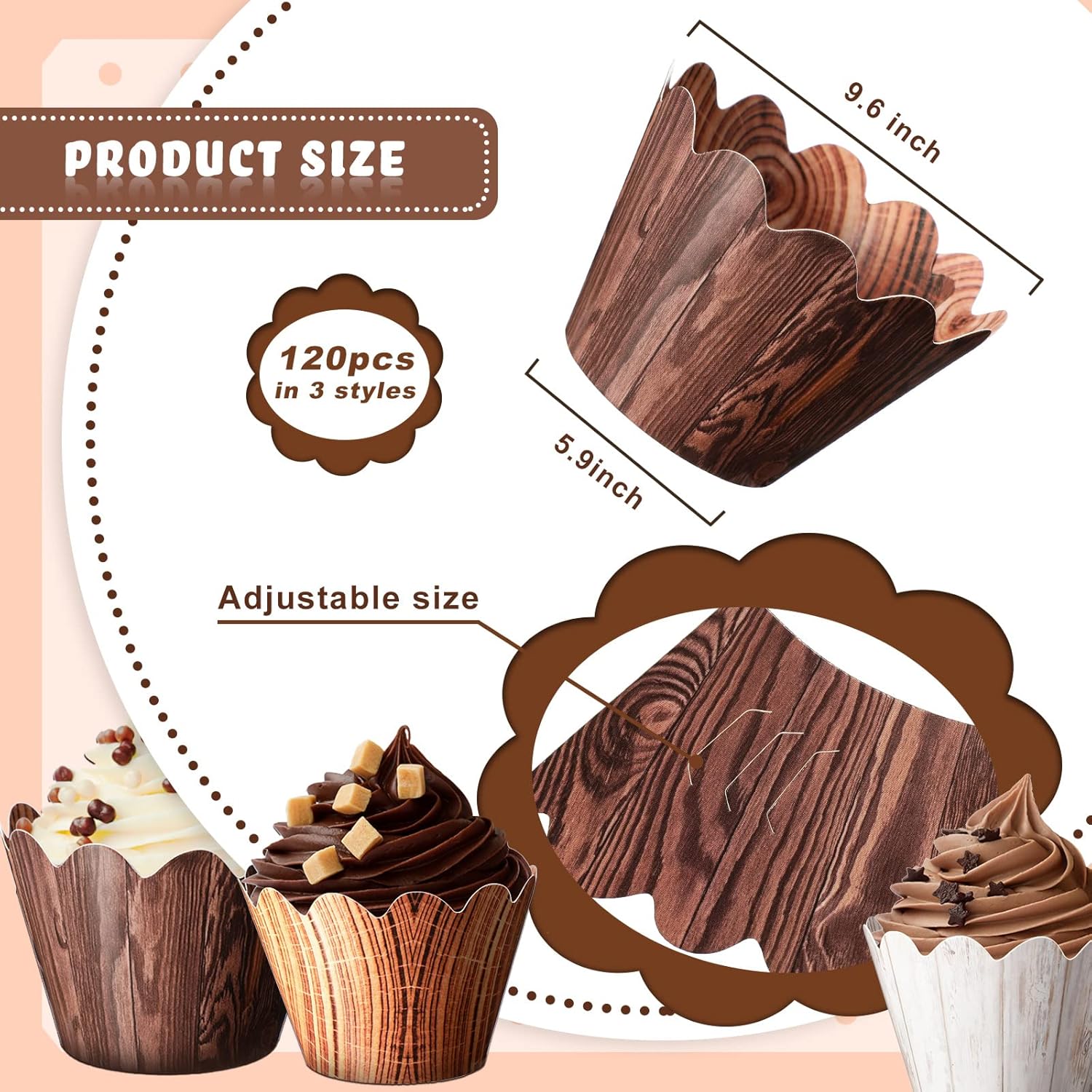 Skiennix Wood Grain Cupcake Wrappers - 120 Pcs Rustic Cake Liners for Baby Shower & Weddings | Woodland Theme
