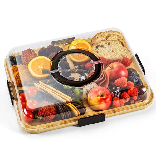 Charcuterie Board with Clear Lid, Portable Cheese Board with Dust-Proof Cover, Reversible Bamboo Cutting Board & Snack Tray, Easy-Open Latches for Picnics, Parties, Housewarming Gifts (6 Compartments)