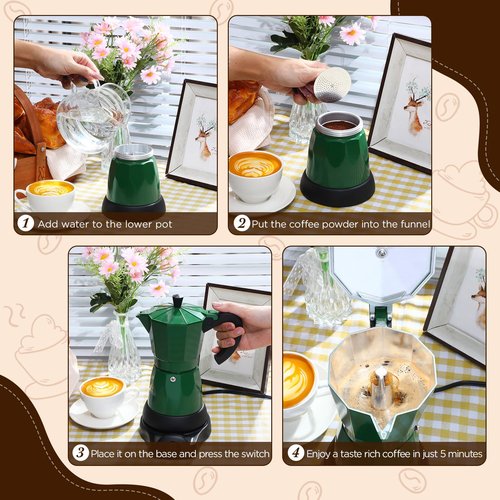 Lemosae Coffee Pot 6 Cup Electric Espresso Coffee Maker Italian Moka Maker 300ml Portable Aluminum Espresso Machine Cafetera Moka Pot with Detachable Base, Gift for Home Travel(Dark Green)