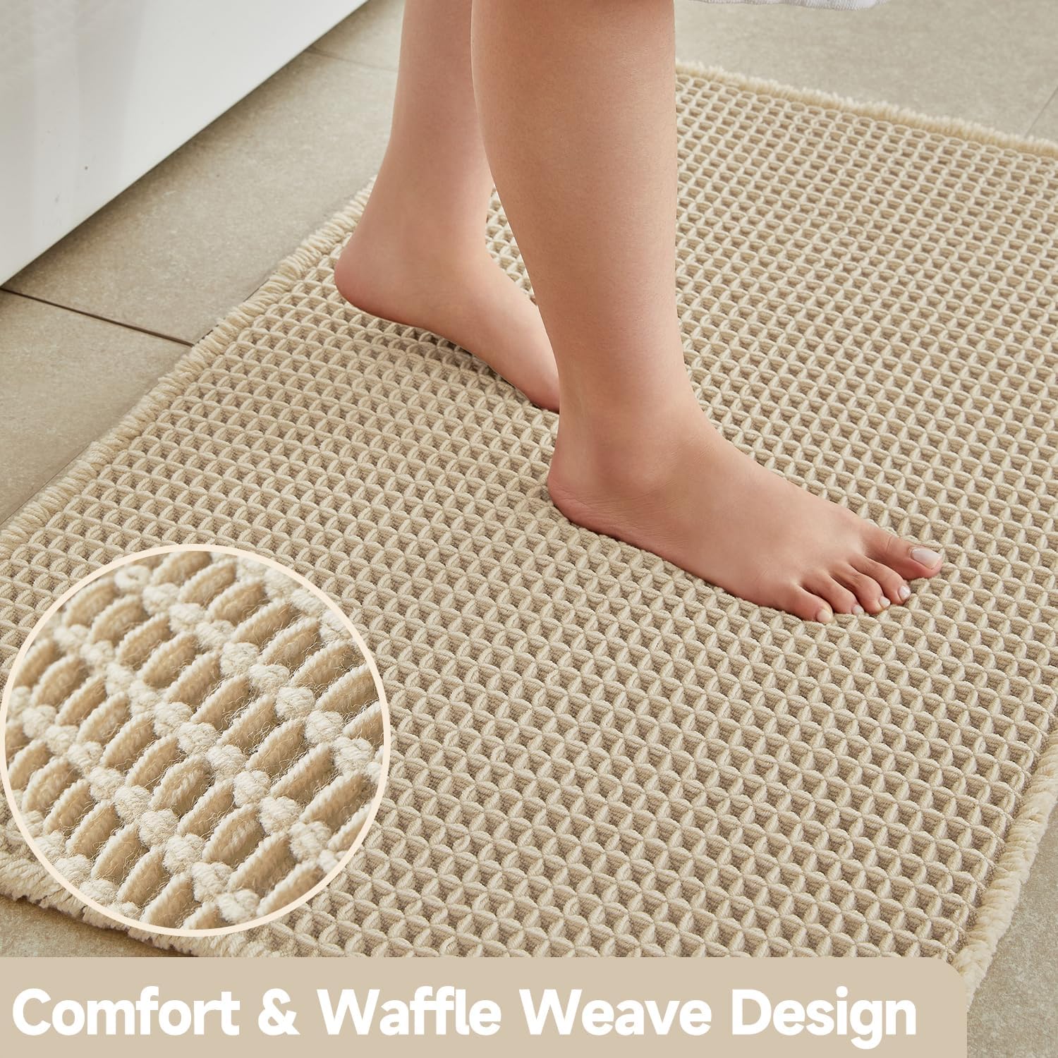 TYUU Bathroom Rug - Non-Slip Waffle Bath Mat | Super Absorbent & Quick Dry, 48''x24'' Pale Beige