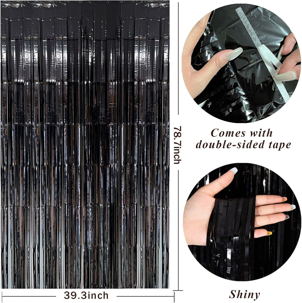 Skiennix Black Foil Fringe Streamers - Tinsel Backdrop Curtains for Birthday & Graduation Celebrations